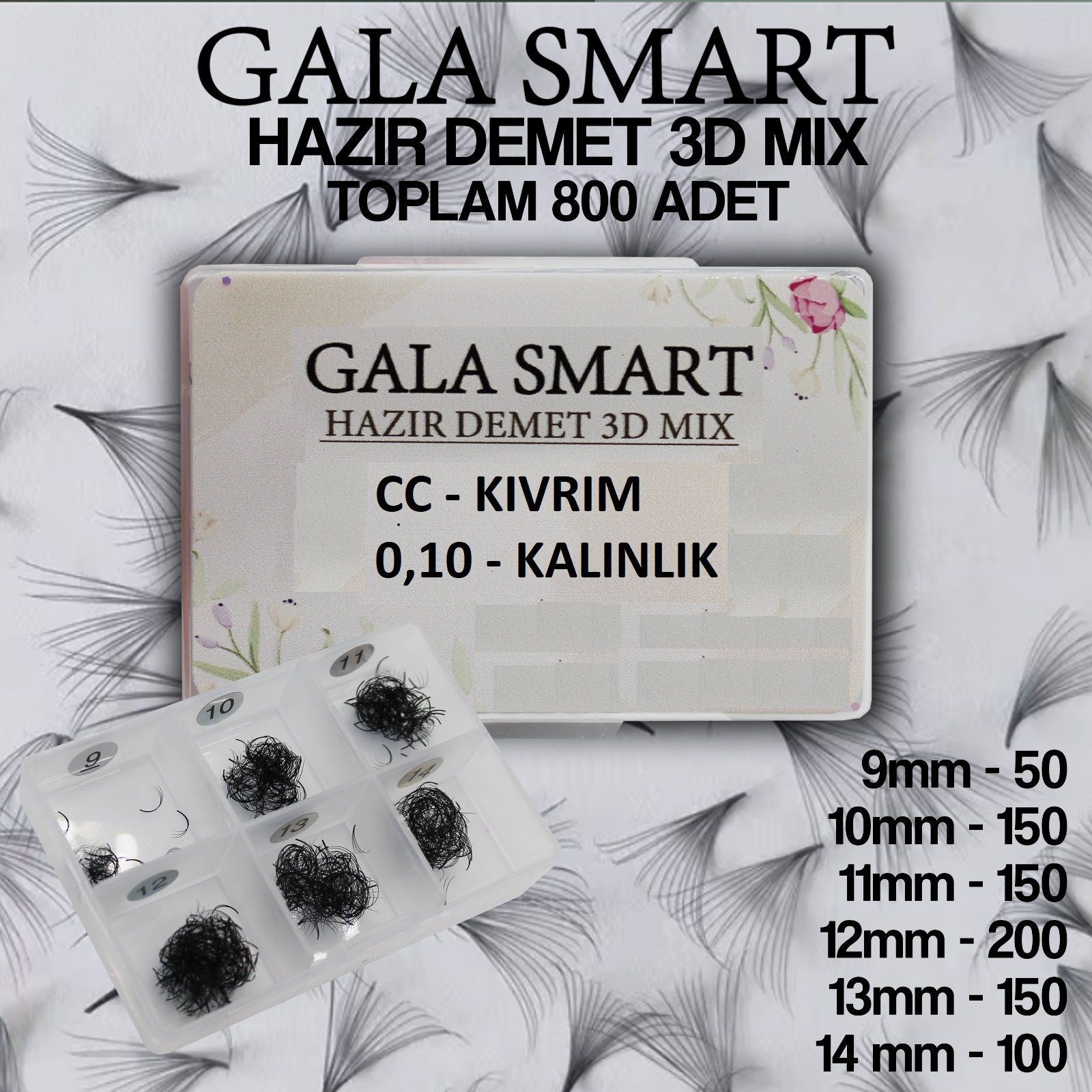 3D Hazır Demet İpek Kirpik  0.10 Cc  Mix Kutu - 1000'Li Kutu