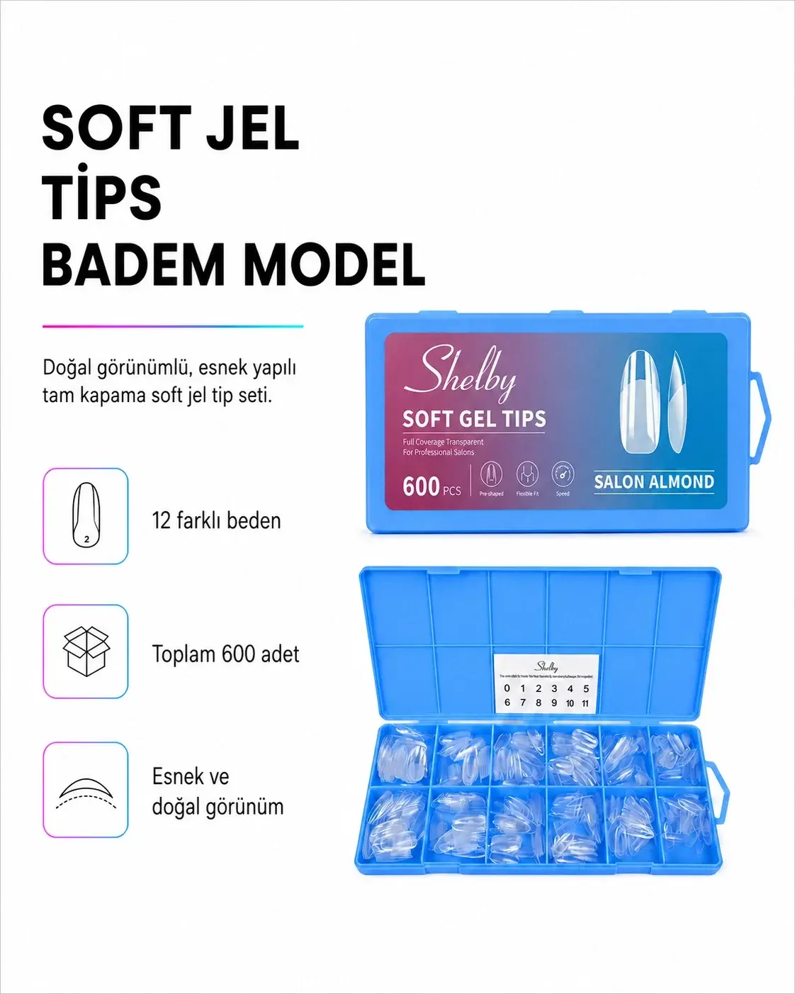 SHELBY 600 ADET ALMOND SOFT GEL TİPS
